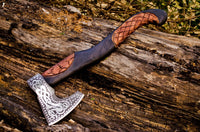 Handcrafted Battle Axe with engraved 1095 steel blade and hand engraved rosewood handle
