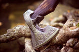 Full view of Warrior’s Edge Native American tomahawk with rosewood handle and engraved blade