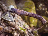 Custom handmade tomahawk with leather sheath and sharp 1095 steel blade
