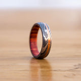 Hand-crafted Damascus Steel Unity Ceremony Ring with Brass Line and Wood Inlay in elegant design