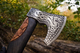 Handcrafted Battle Axe with engraved 1095 steel blade and hand engraved rosewood handle
