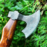 Close-up of Damascus Steel Blade on "Rosewood Legend" Tomahawk Axe
