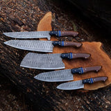 Custom Handmade Kitchen Knives Set with forged Damascus steel blades, Rosewood, Buffalo horn handles, Pakka wood spacers, and leather roll. Perfect for precision cutting in the kitchen.