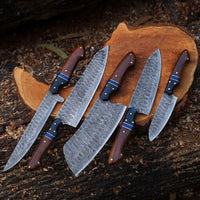 Custom Handmade Kitchen Knives Set with forged Damascus steel blades, Rosewood, Buffalo horn handles, Pakka wood spacers, and leather roll. Perfect for precision cutting in the kitchen.