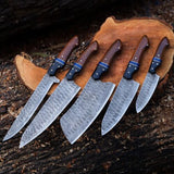 Custom Handmade Kitchen Knives Set with forged Damascus steel blades, Rosewood, Buffalo horn handles, Pakka wood spacers, and leather roll. Perfect for precision cutting in the kitchen.