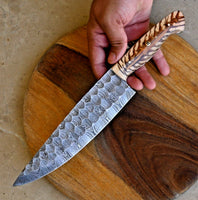 Custom Handmade Chef’s Knife with a 13-inch Damascus steel blade, Epoxy Pine-cone handle, and leather sheath. Perfect for precision kitchen tasks.