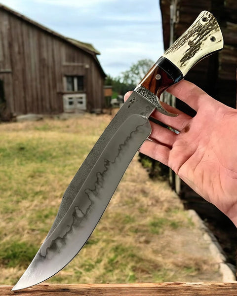 Fixed Blade Custom Bowie Knife - High Carbon Steel & Antler Handle

