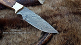 Damascus Steel Fixed-Blade Hunting Knife with Brass Bolster and Leather Sheath
