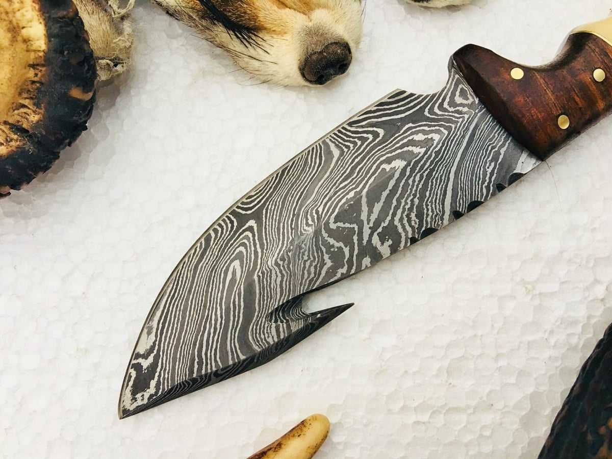 Full Tang Custom Handmade Damascus Steel Gut Hook Skinning EDC Knife ...