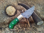 Premium 7-inch Damascus steel deer skinning knife with exotic pakka wood handle.
