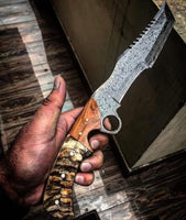 Custom Handcrafted Raindrops Damascus Tanto Tactical Tracker Knife with Mountain Sheep Horn & Olivewood Handle