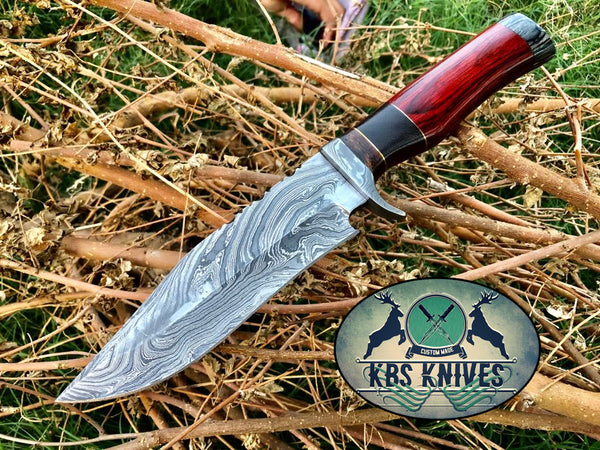 Custom Handmade Bowie Knife with Damascus Steel Blade and Colored Wood Handle