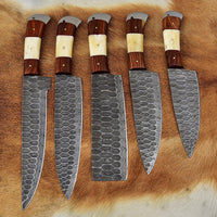 Full tang forged Damascus steel blades showcasing intricate designs