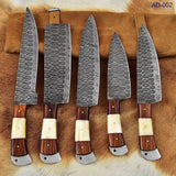 Custom handmade Damascus cooking knife set with leather roll