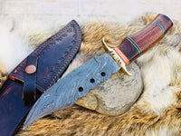 "Custom handmade hunting knife with Damascus steel blade."
