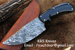 Custom handmade deer skinning knife with a 4.25-inch Damascus steel blade and buffalo horn handle.