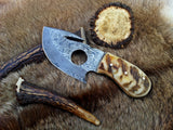 Premium Damascus steel gut hook skinning knife with sheep horn handle and 3.75-inch blade.
