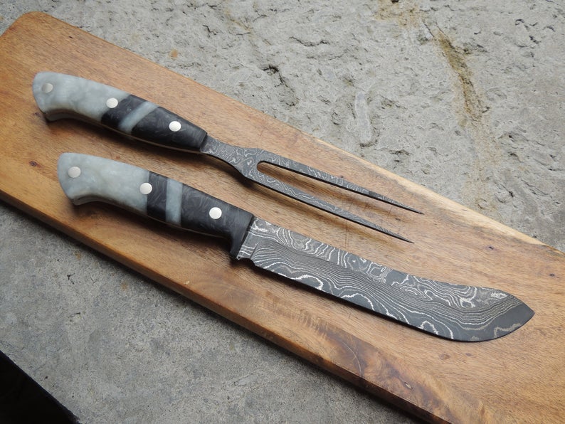 DAMASCUS STEEL STEAK AND FORK KNIFE SET – KBS Knives Store