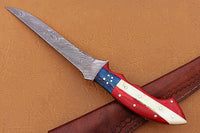 Handmade Damascus Steel Fillet-Boning Knife with Texas Flag Red-Blue Exotic Wood and Bone Handle