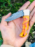 Custom Handmade Damascus Steel Top Best Folding Pocket Knife with Epoxy Resin Handle and Leather Case by KBS Knives Store.