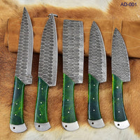 Custom handmade Damascus knife set kitchen with epoxy resin handles