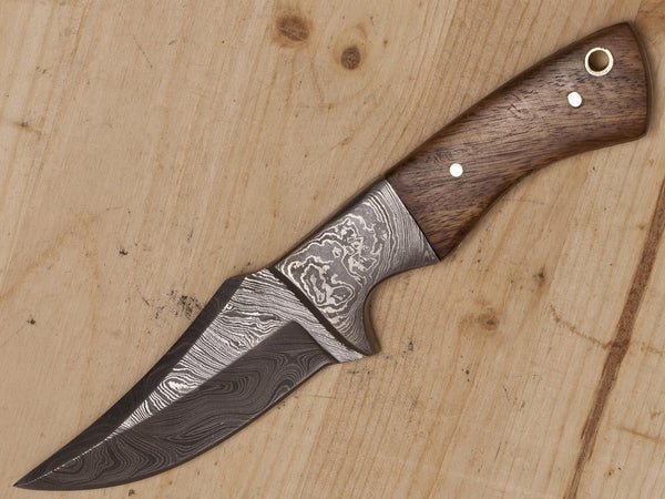 Handcrafted EDC skinning knife with a 3.25-inch full tang Damascus steel blade and walnut wood handle.